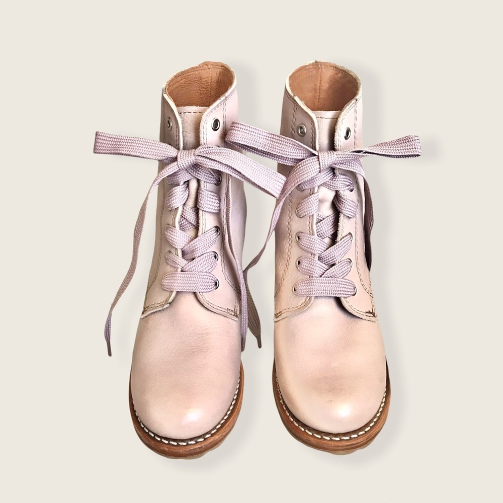 RARE Frye Sabrina 6G Lilac Pink/Cream Leather LaceUp Combat Heeled Ankle Boot - Picture 6 of 15
